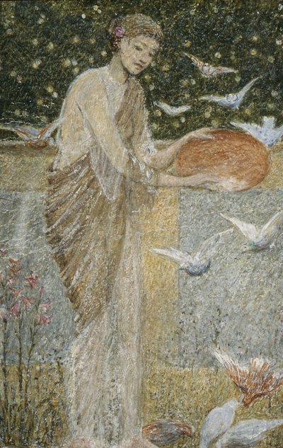 Menina alimentando os pombos. Um dos três esboços para a decoração do Bank Hall, perto de Chapel-en-le-Frith, Derbyshire de Thomas Armstrong